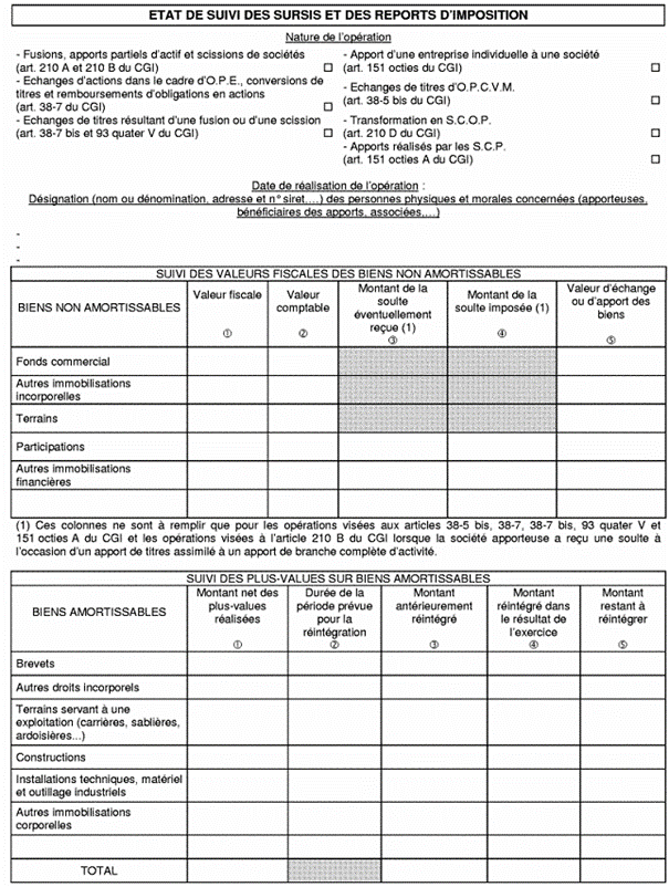 Fiche état de suivi et reports d'imposition